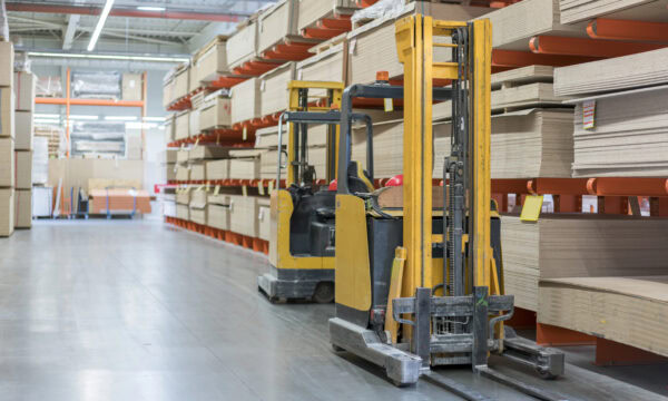 forklift in a construction shop. Construction Materials. Stacking truck in wholesale warehouse.