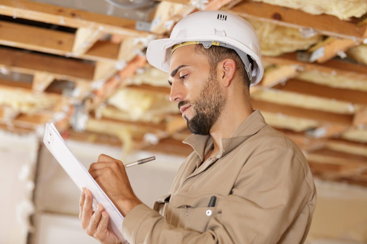 smart pensive builder thinking about something indoors