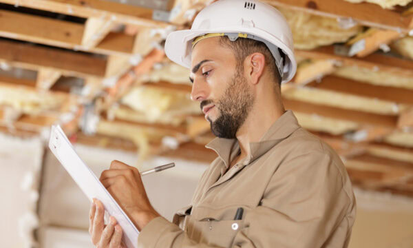 smart pensive builder thinking about something indoors